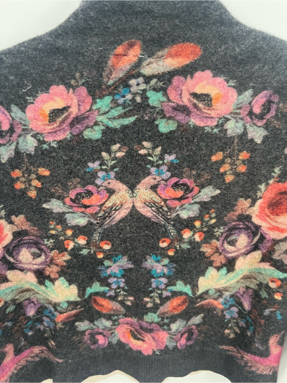 Pilcro Charcoal Mock neck Cashmere Sweater with Multicolor Floral & Bird Motif - Picture 7 of 9